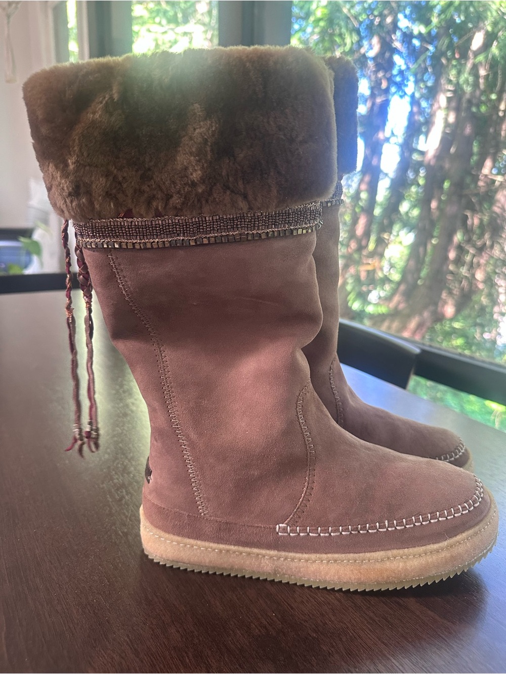 Free People Laidback London Brown Suede Shearling Trim Beadwork Boots 7 NWOT